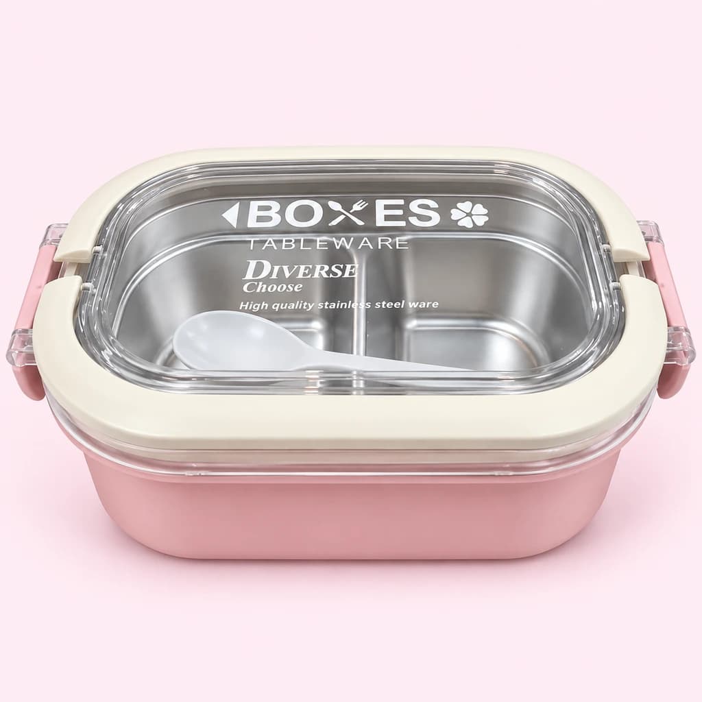 ظرف غذای استیل دو قسمتی قفل‌دار BOXES با درب شفاف و قاشق | ۳ رنگ — تصویر ۳