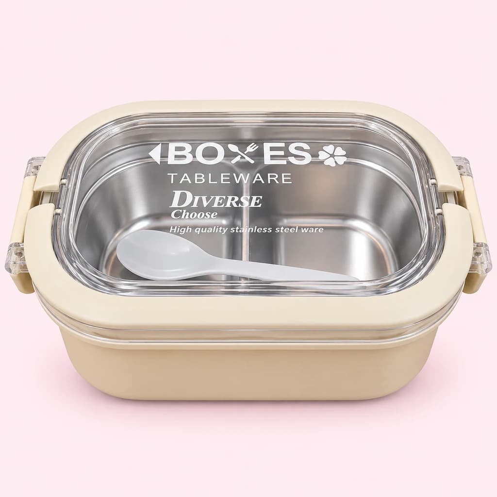 ظرف غذای استیل دو قسمتی قفل‌دار BOXES با درب شفاف و قاشق | ۳ رنگ — تصویر ۲