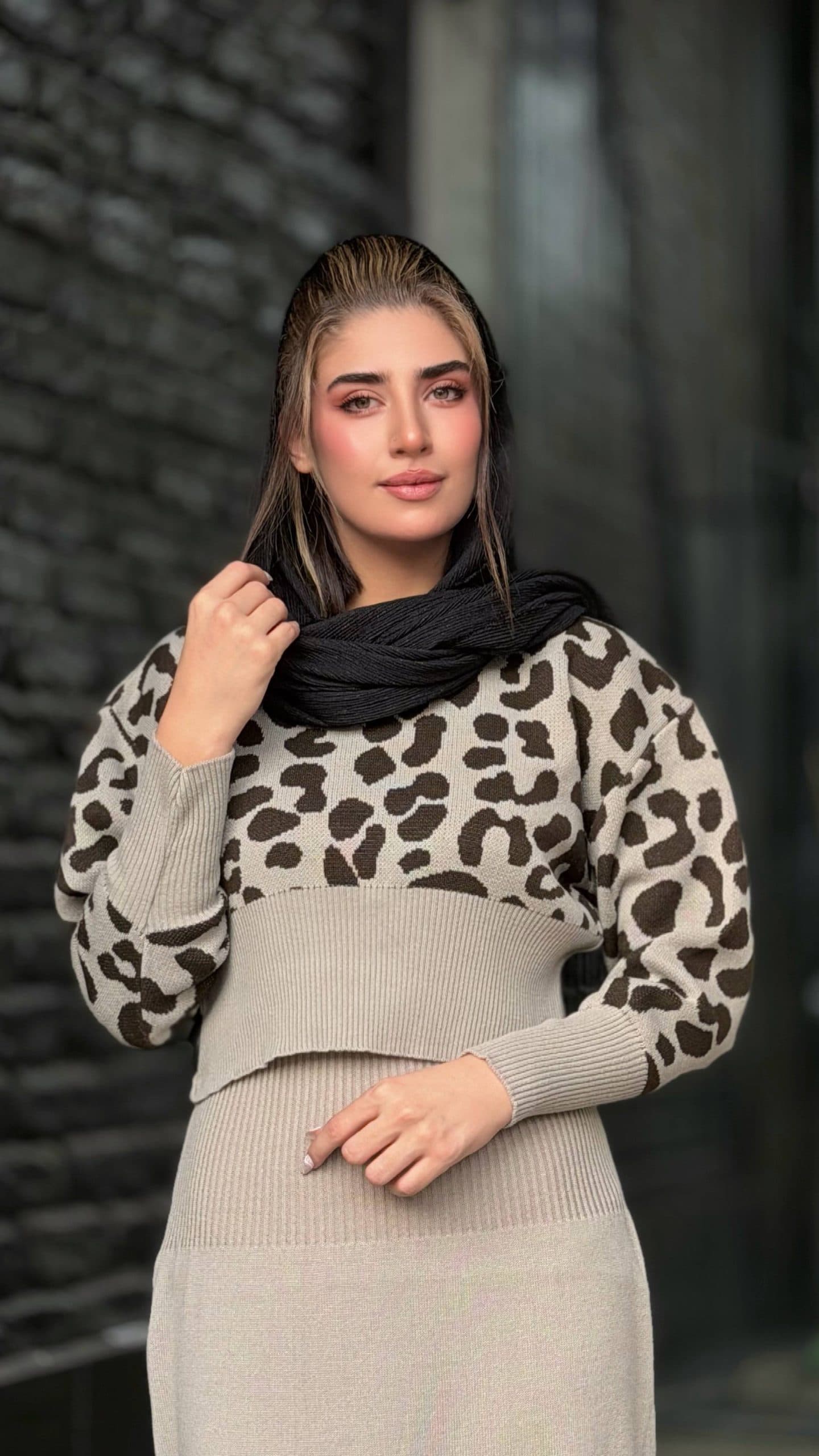 ست کراپ سارافون پلنگی کرم قهوه ای