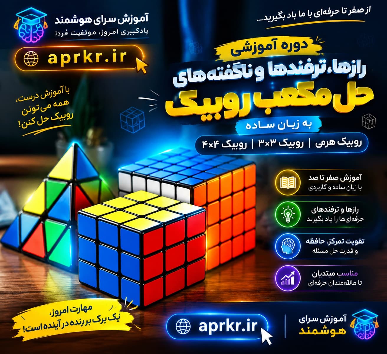 آموزش حل مکعب روبیک به زبان ساده|روبیک هرمی، روبیک 3*3، روبیک 4*4