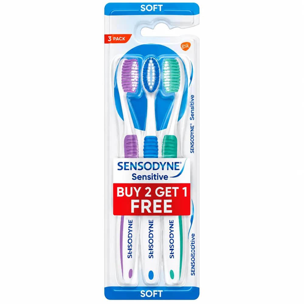 مسواک سنسوداین Sensitive Soft سه عددی | برس نرم مخصوص دندانهای حساس Sensodyne