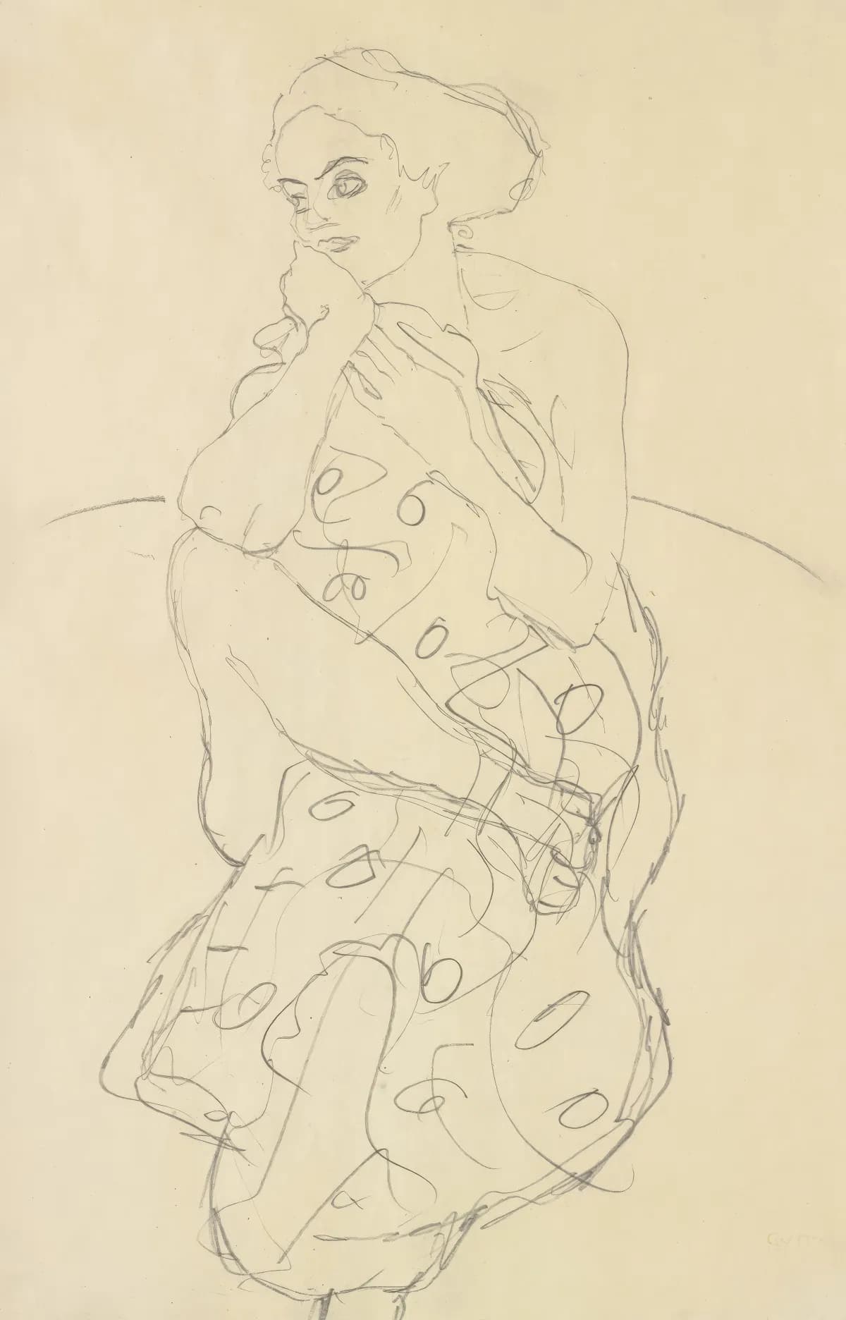 زن نیمه‌ برهنه نشسته از روبه ‌رو، با سر چرخیده به چپ – تابلو نقاشی گوستاو کلیمت