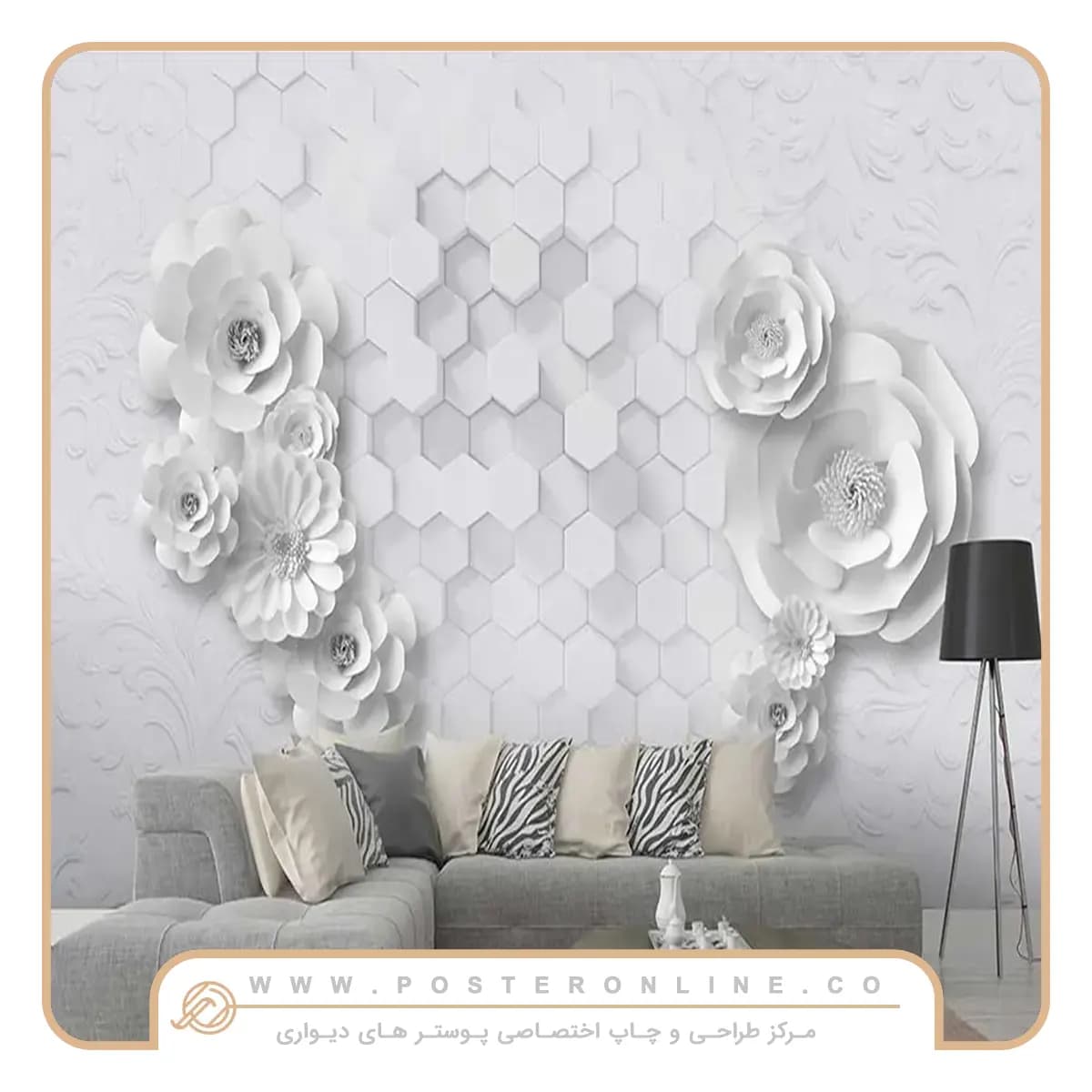 پوستر دیواری لاکچری سه بعدی طرح گل سفید کد A-3065