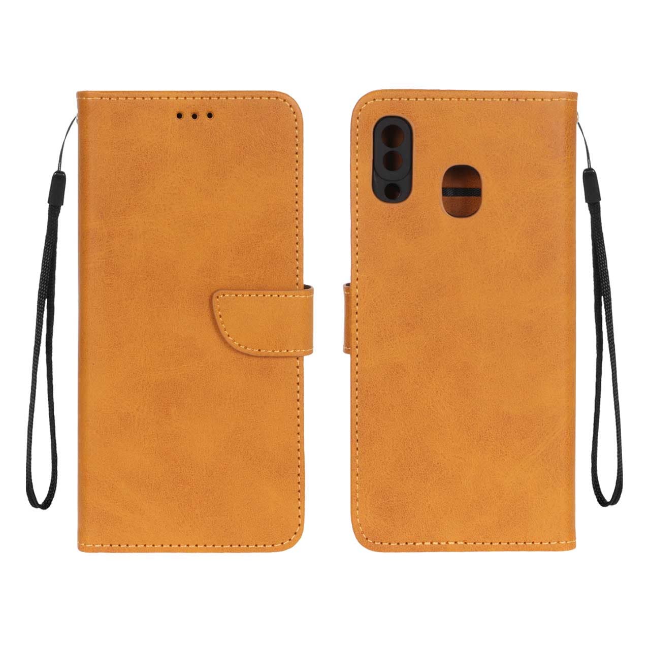 کیف چرمی موبایل مگنتی محافظ لنزدار Samsung Galaxy A30 / A20 – عسلی