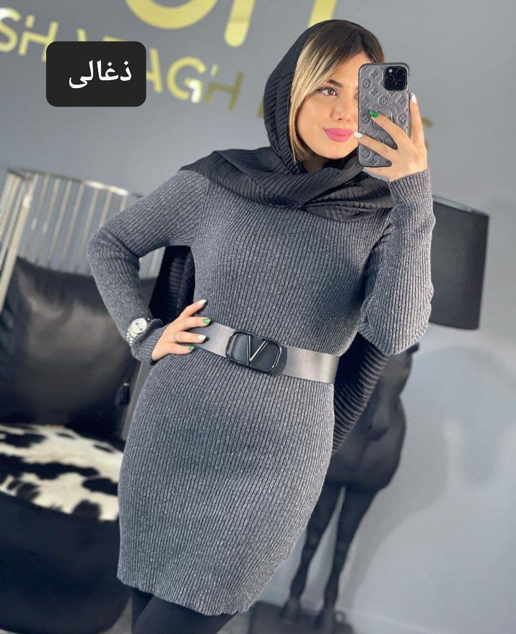 گپ بافت زنانه یقه اسکی پشم و آکریل بلند گرم و نرم زمستانی طوسی فری سایز (کد: ۳۰۲۵) — تصویر ۴