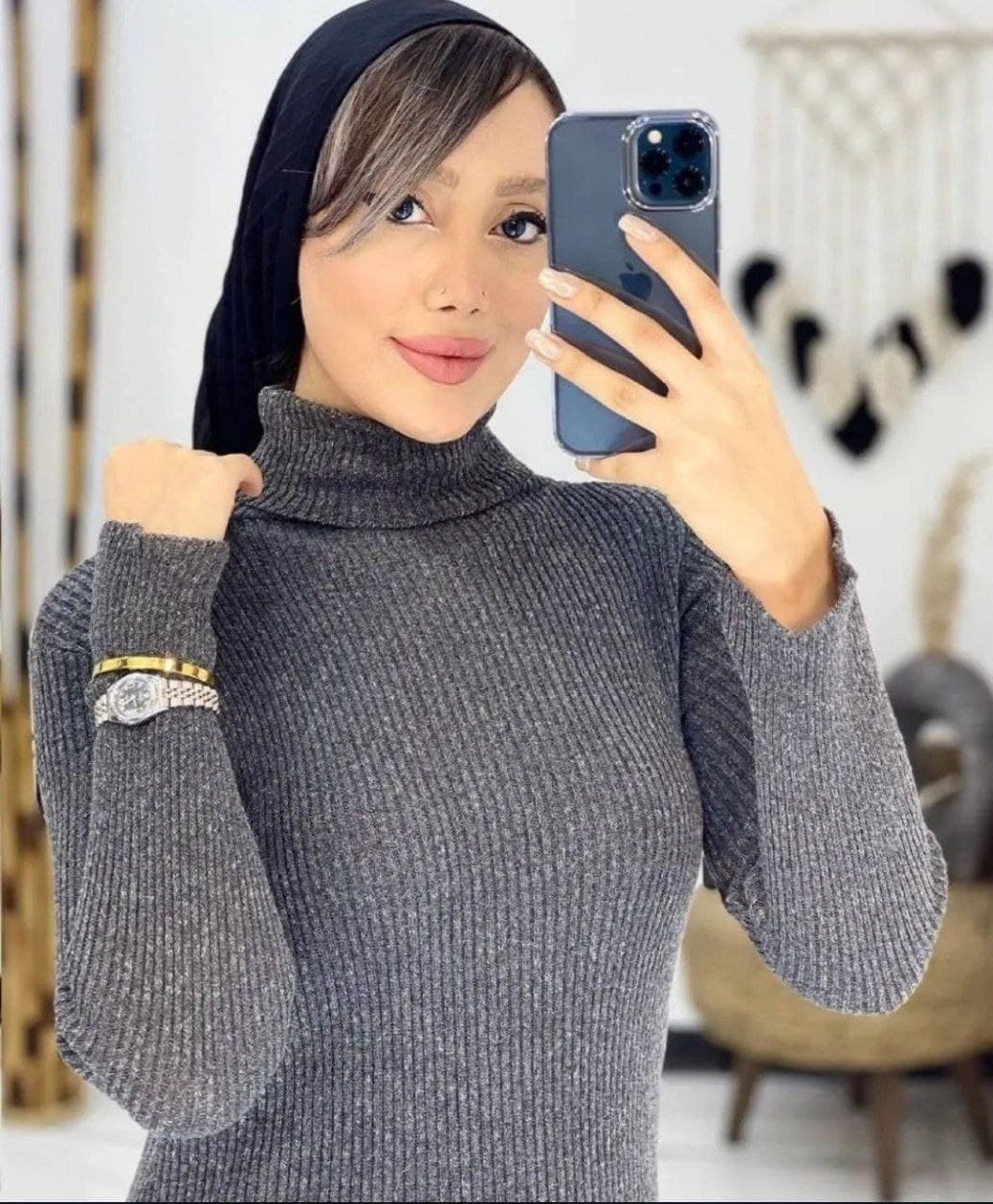 گپ بافت زنانه یقه اسکی پشم و آکریل بلند گرم و نرم زمستانی طوسی فری سایز (کد: ۳۰۲۵) — تصویر ۶