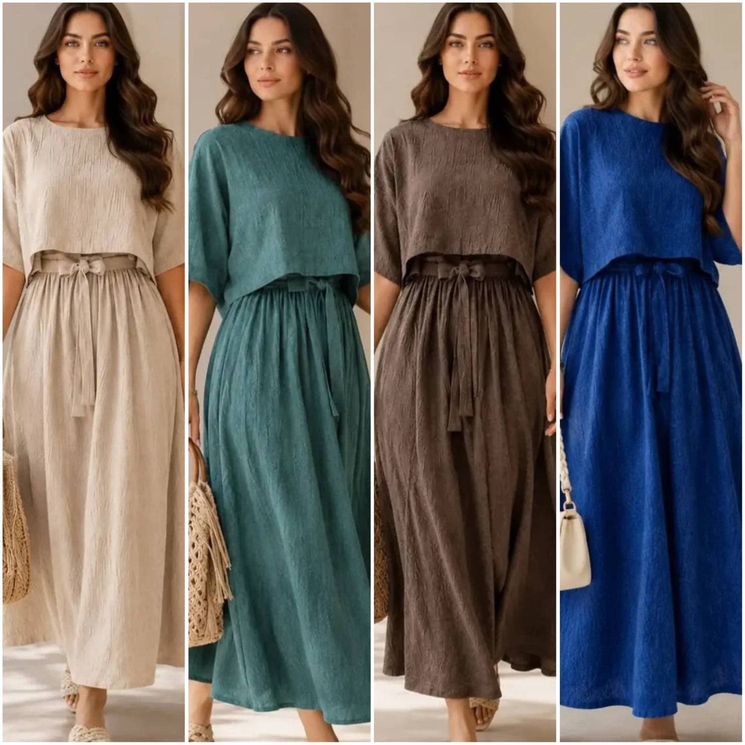 ست سارافن و رویه زنانه آویژه لنین خنک آستین کوتاه تنوع رنگ فری سایز (کد: ۲۳۰۱۱)
