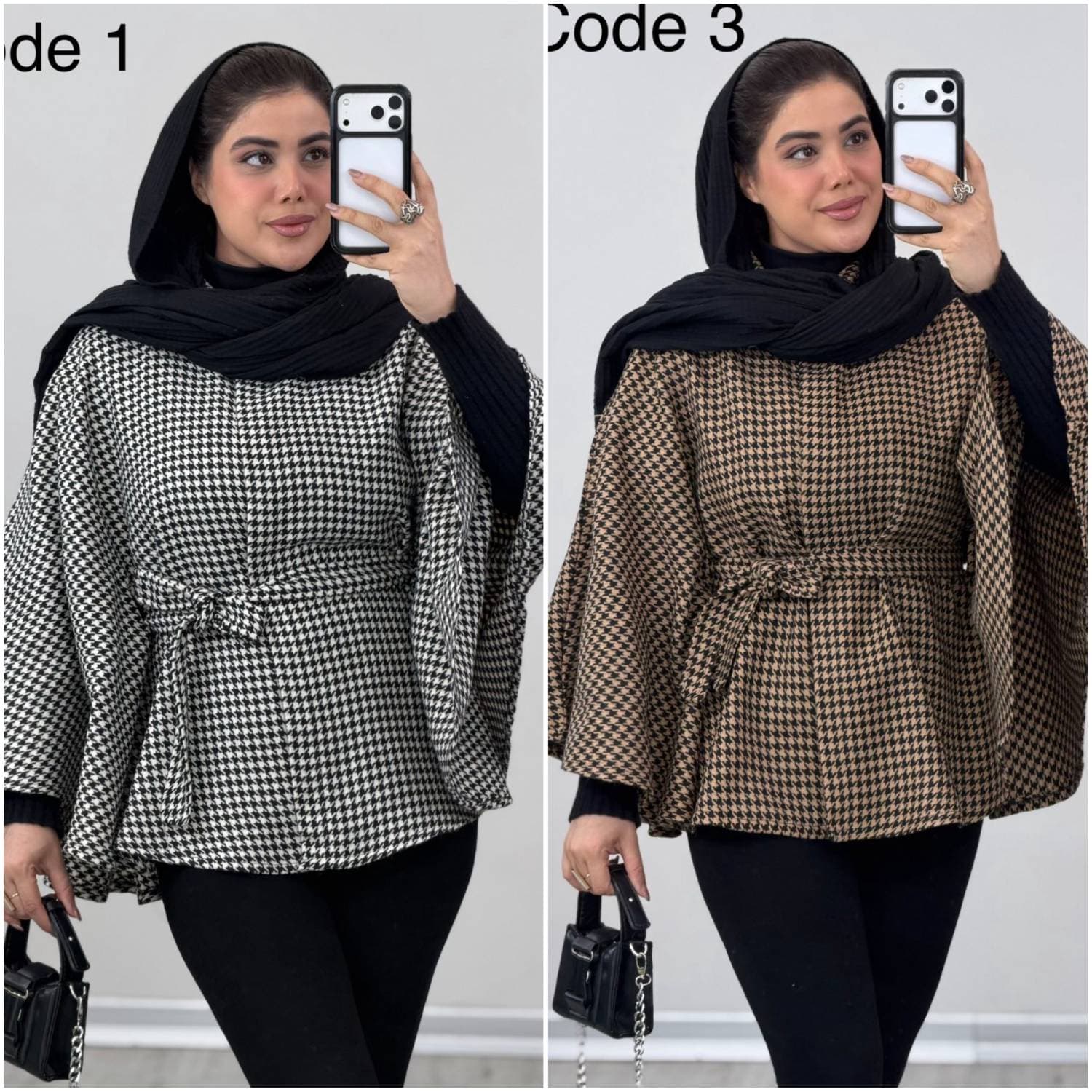 شنل زنانه آیلار توییت پشمی پیچازی کمربنددار یقه دکمه‌دار سفید طوسی (کد: ۲۴۳۶۱)
