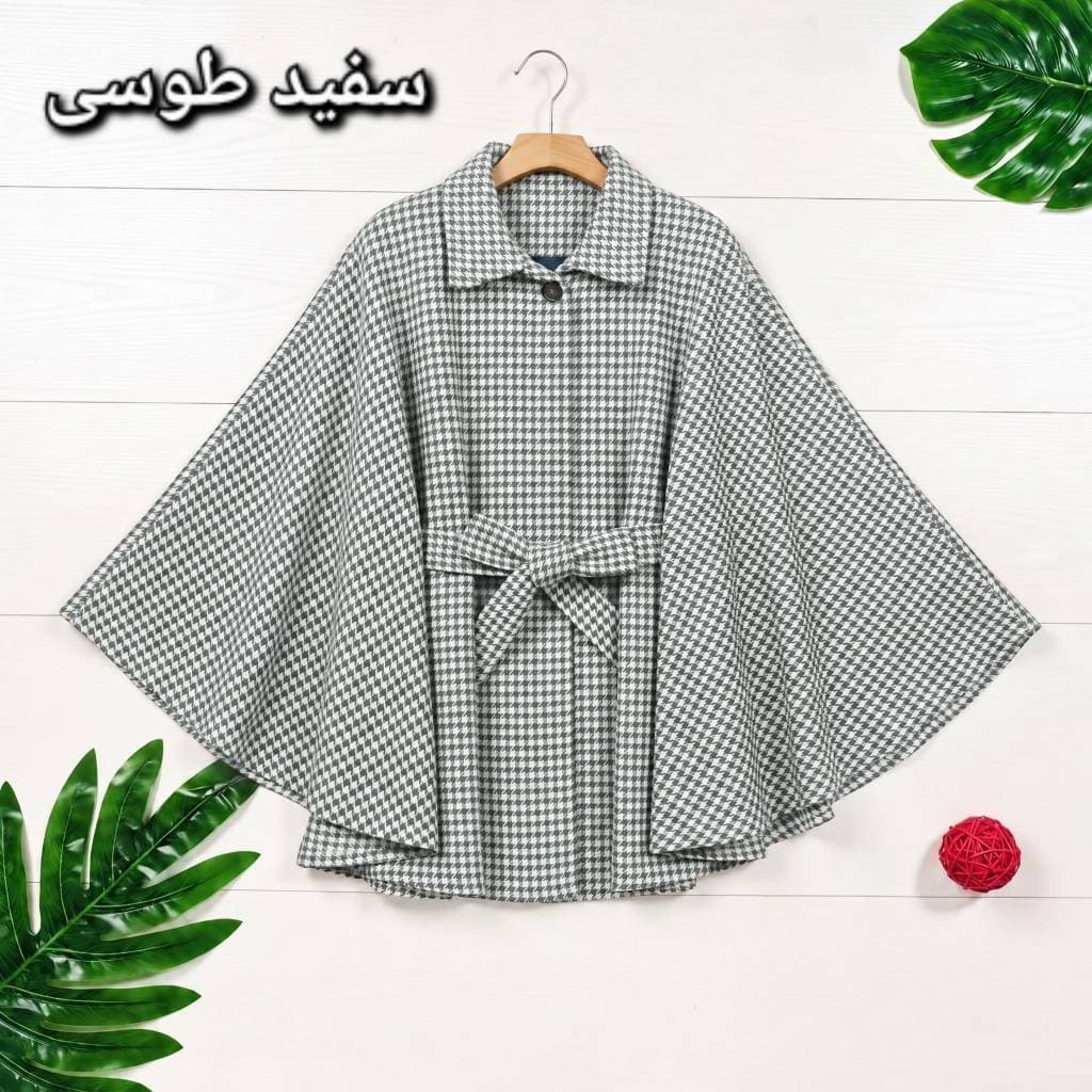 شنل زنانه آیلار توییت پشمی پیچازی کمربنددار یقه دکمهدار سفید طوسی (کد: ۲۴۳۶۱) — تصویر ۳