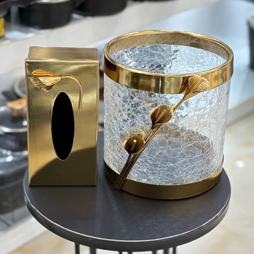 سطل و دستمال پذیرایی شیشه ایی لیلیوم رنگ طلایی فیلبندشاپ مدل 847863