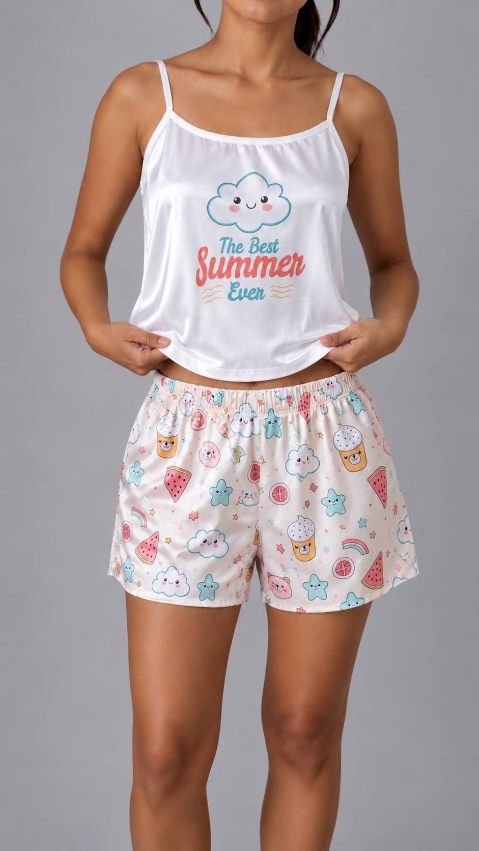 ست تاپ شلوارک ساتن طرح SUMMER
