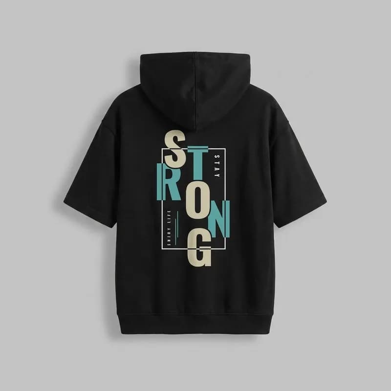 تی شرت مردانه کلاهدار نخی طرح حروف مشکی مدل STRONG — تصویر ۳