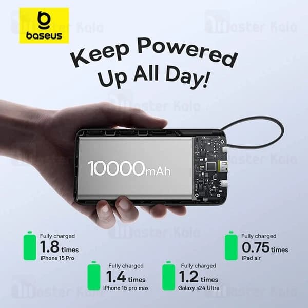 پاوربانک 10000 بیسوس Baseus Bipow 2 P10077101113 توان 20 وات همراه با کابل Type C متصل — تصویر ۴