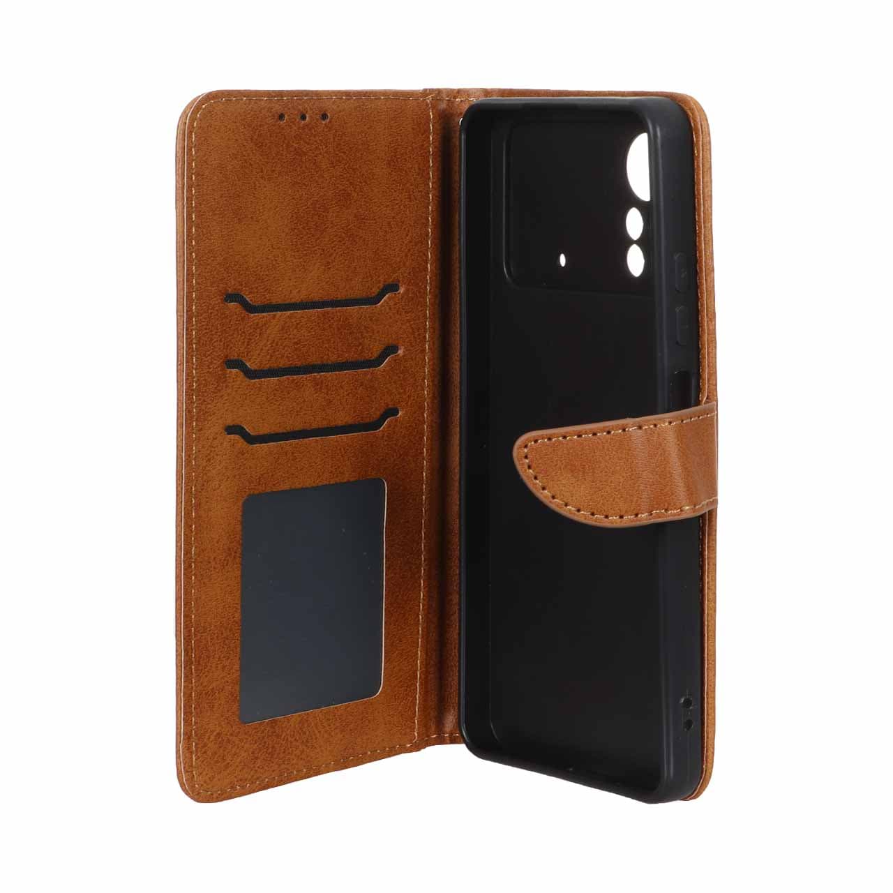 کیف چرمی موبایل مگنتی محافظ لنزدار Xiaomi Poco X4 Pro – عسلی — تصویر ۲