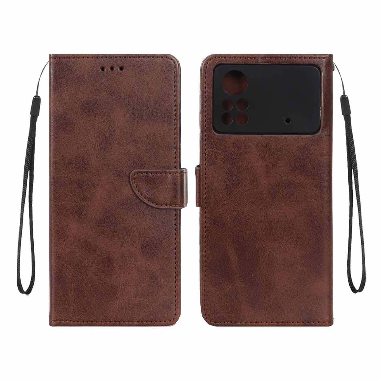 کیف چرمی موبایل مگنتی محافظ لنزدار Xiaomi Poco X4 Pro – قهوه ای