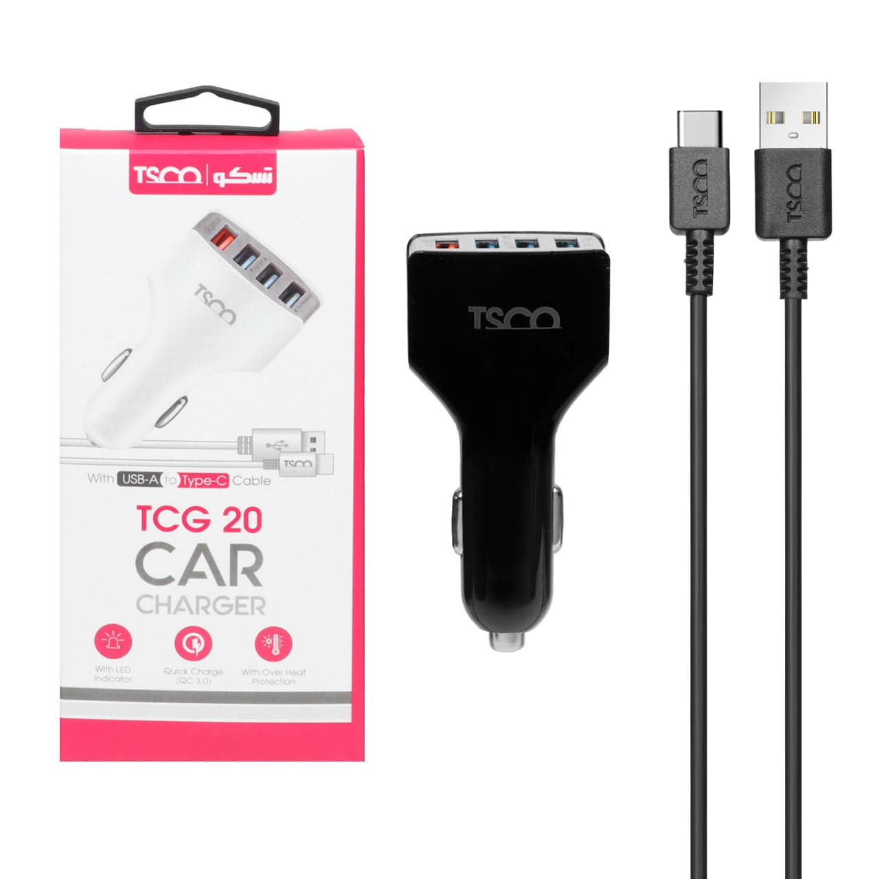 شارژر فندکی فست چهار پورت TSCO مدل TCG 20 18W به همراه کابل شارژ Type-C – مشکی
