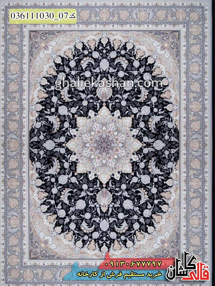 فرش طلاکوب 1000 شانه طرح سابات زمینه سرمه ای اقیانوسی کاشان – گل برجسته