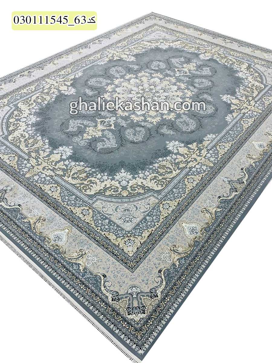 فرش طلاکوب 1500 شانه طرح سنم زمینه طوسی کاشان – گل برجسته — تصویر ۳
