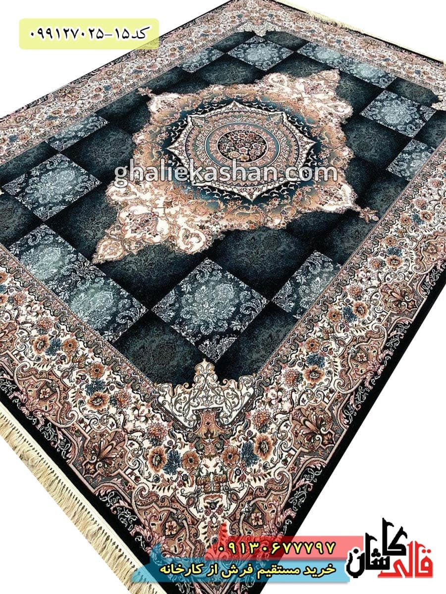 فرش ارزان 700 شانه طرح نیلوفر زمینه سرمه ای کاشان – 12 متری استوک تخفیفی نو