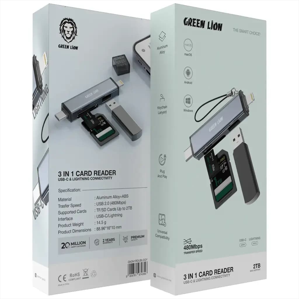 کارت خوان و رم ریدر گرین لاین مدل 3IN1 ظرفیت ۳ کاره با USB-C و لایتنینگ — تصویر ۲