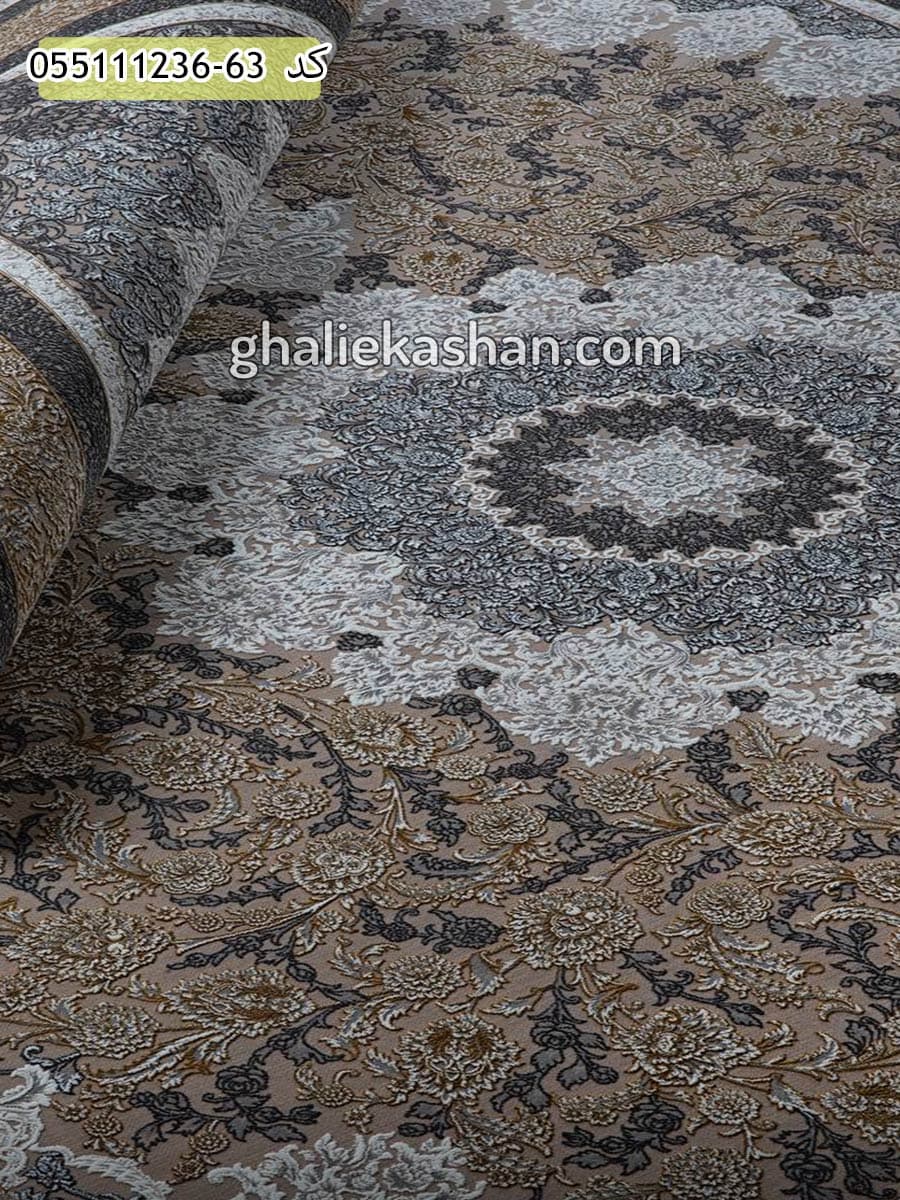 فرش 1200 شانه طرح اسپادانا زمینه نسکافه ای کاشان – گل برجسته — تصویر ۳