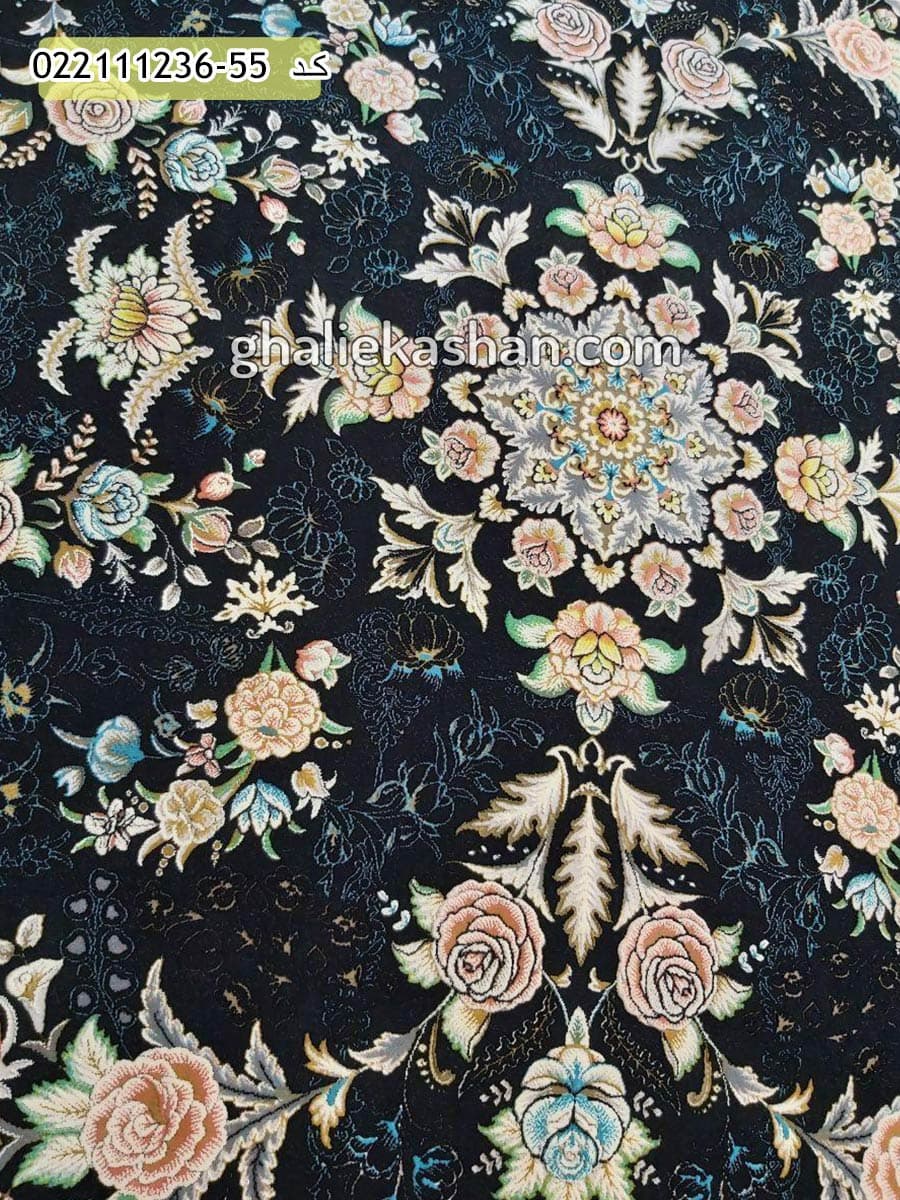 فرش 1200 شانه طرح افشان نورا زمینه سرمه ای کاشان – گل برجسته — تصویر ۲