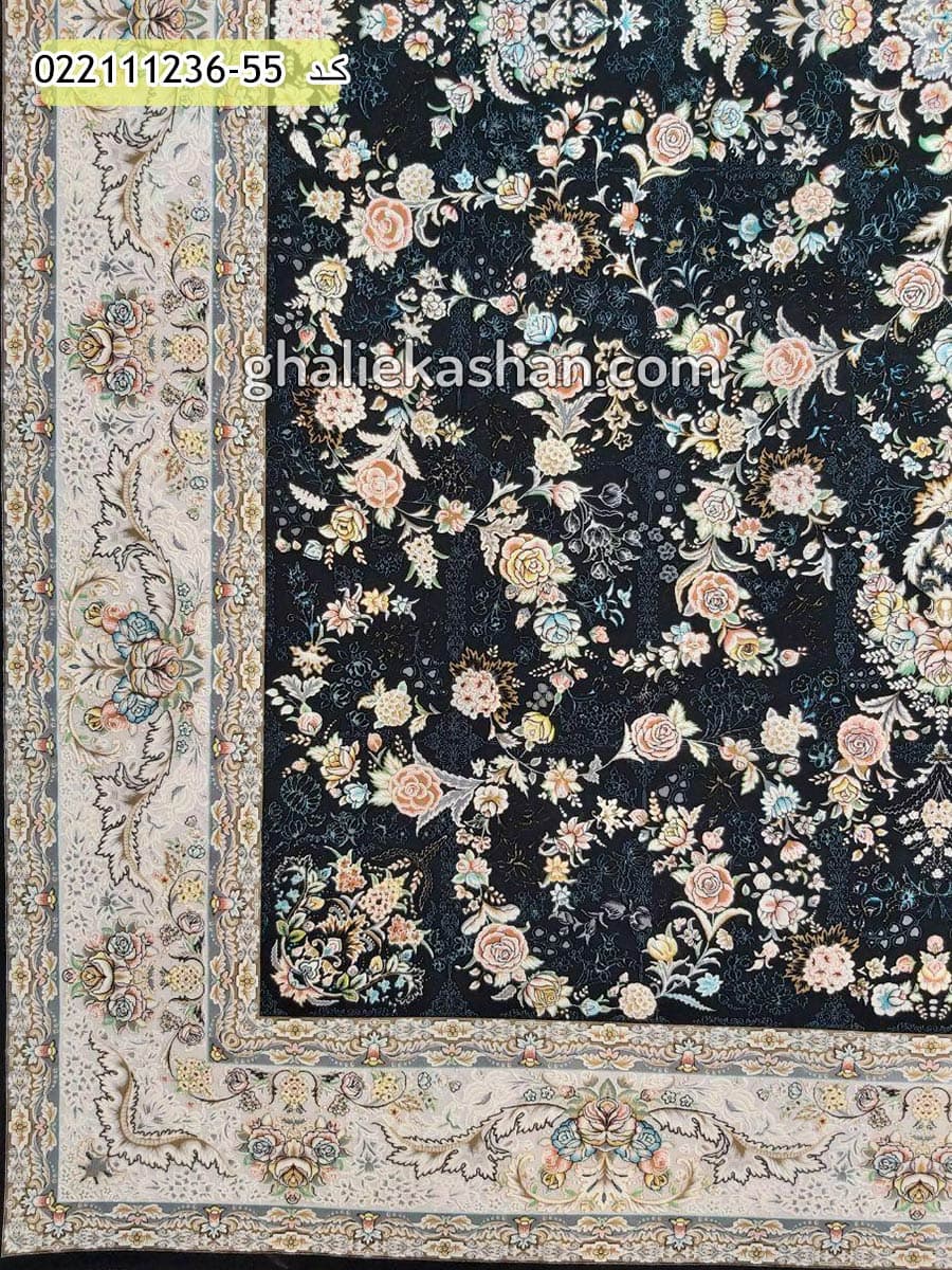 فرش 1200 شانه طرح افشان نورا زمینه سرمه ای کاشان – گل برجسته — تصویر ۳