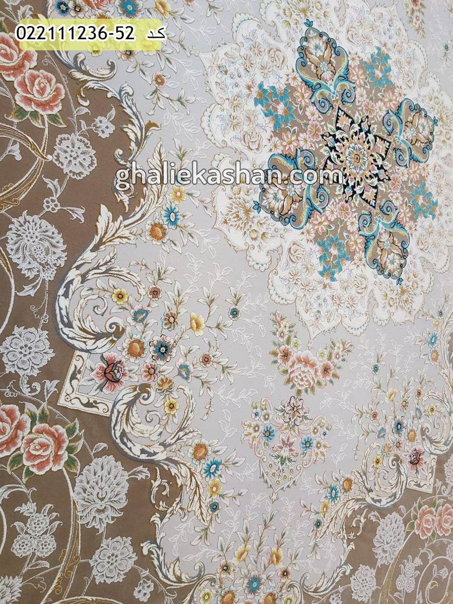 فرش 1200 شانه طرح ناوک زمینه نسکافه ای کاشان – گل برجسته — تصویر ۲