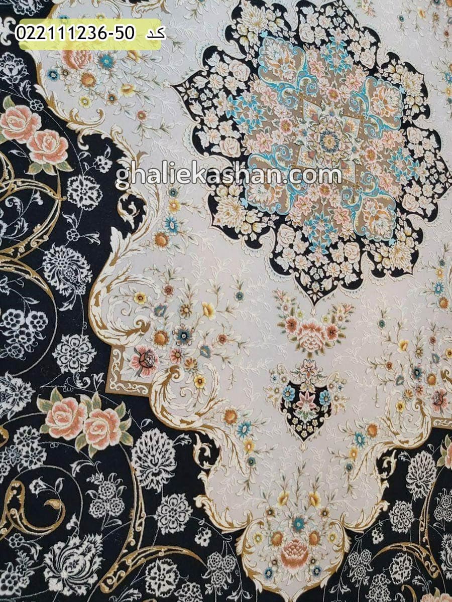 فرش 1200 شانه طرح ناوک زمینه سرمه ای کاشان – گل برجسته — تصویر ۳