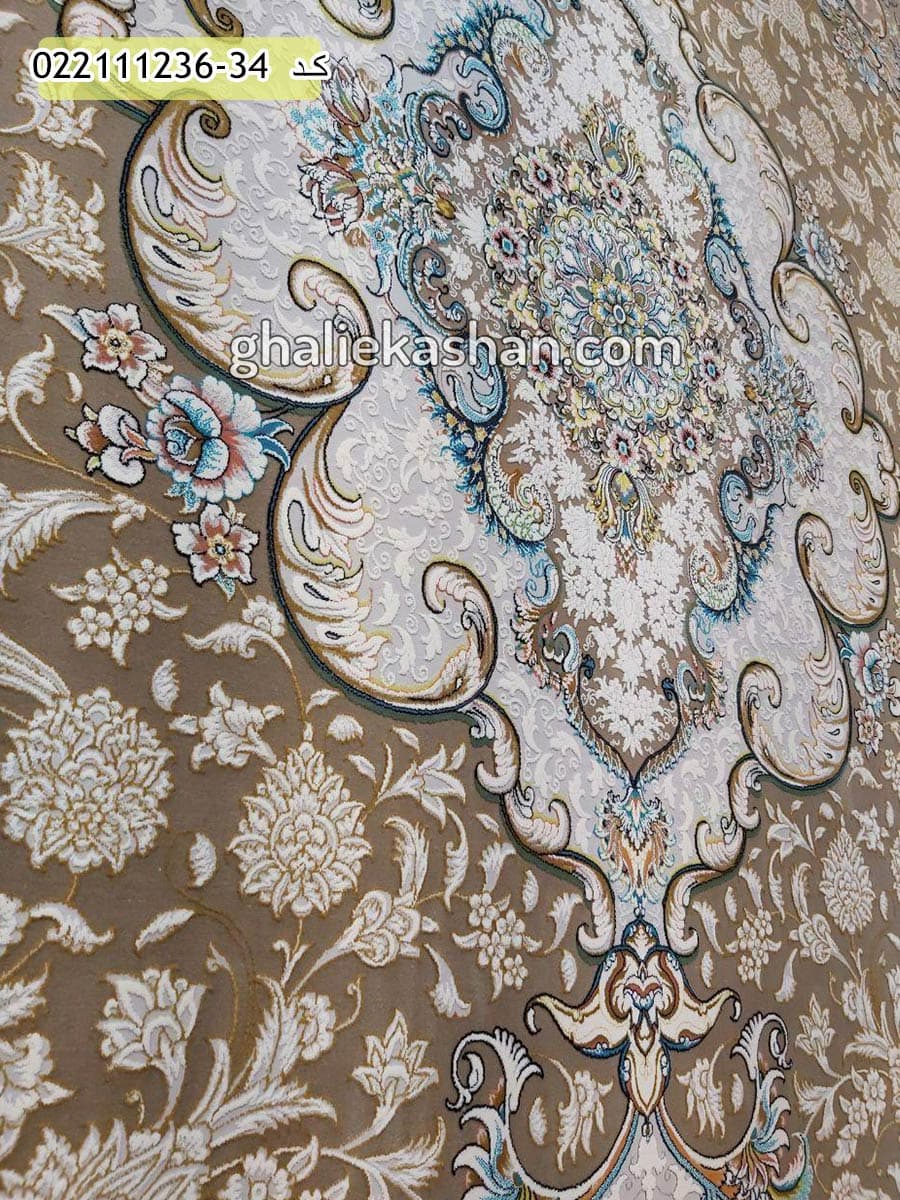فرش 1200 شانه طرح سپهر زمینه نسکافه ای کاشان – گل برجسته — تصویر ۳