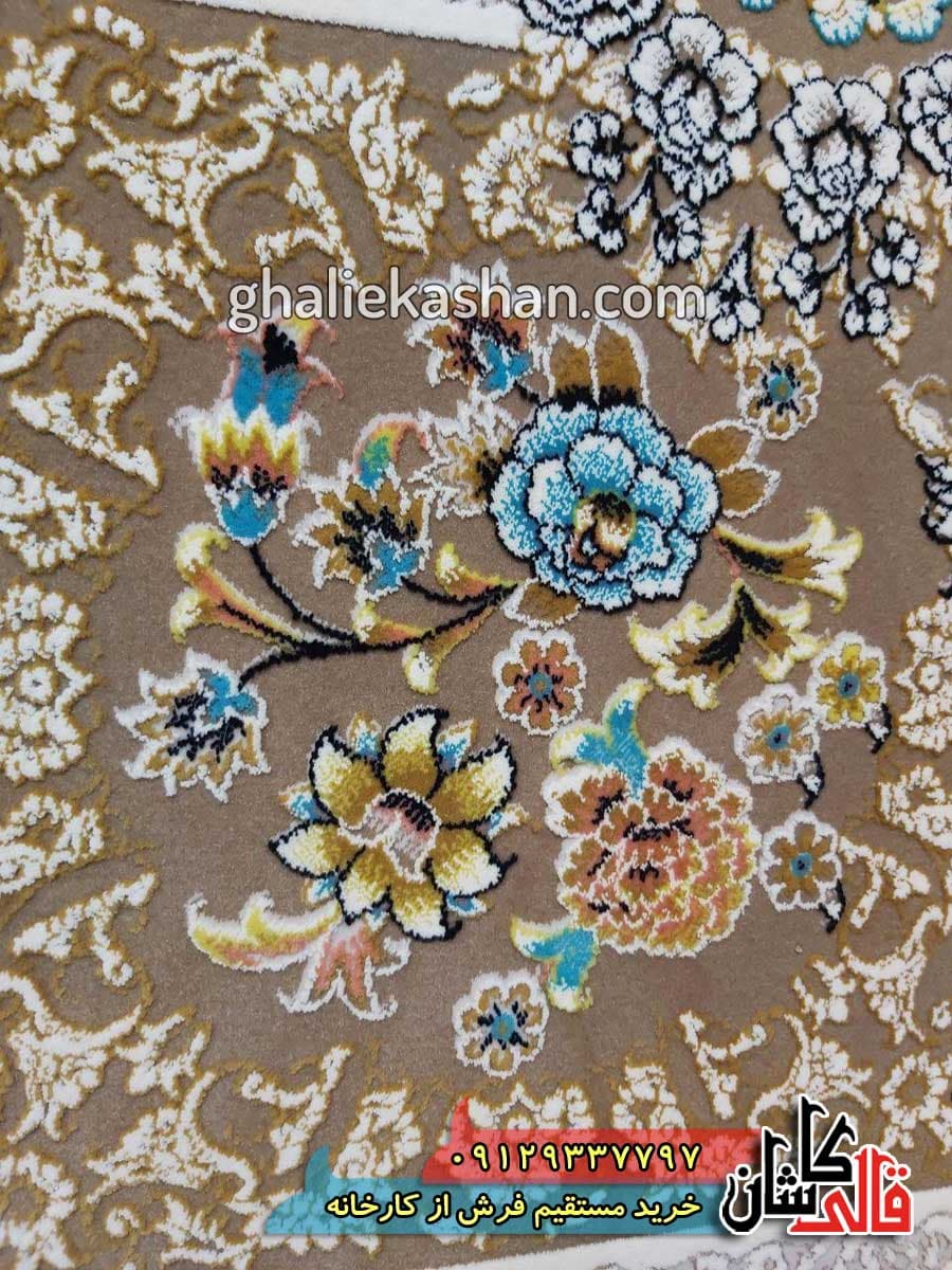 فرش 1200 شانه طرح خشتی زمینه نسکافه ای کاشان – گل برجسته — تصویر ۶