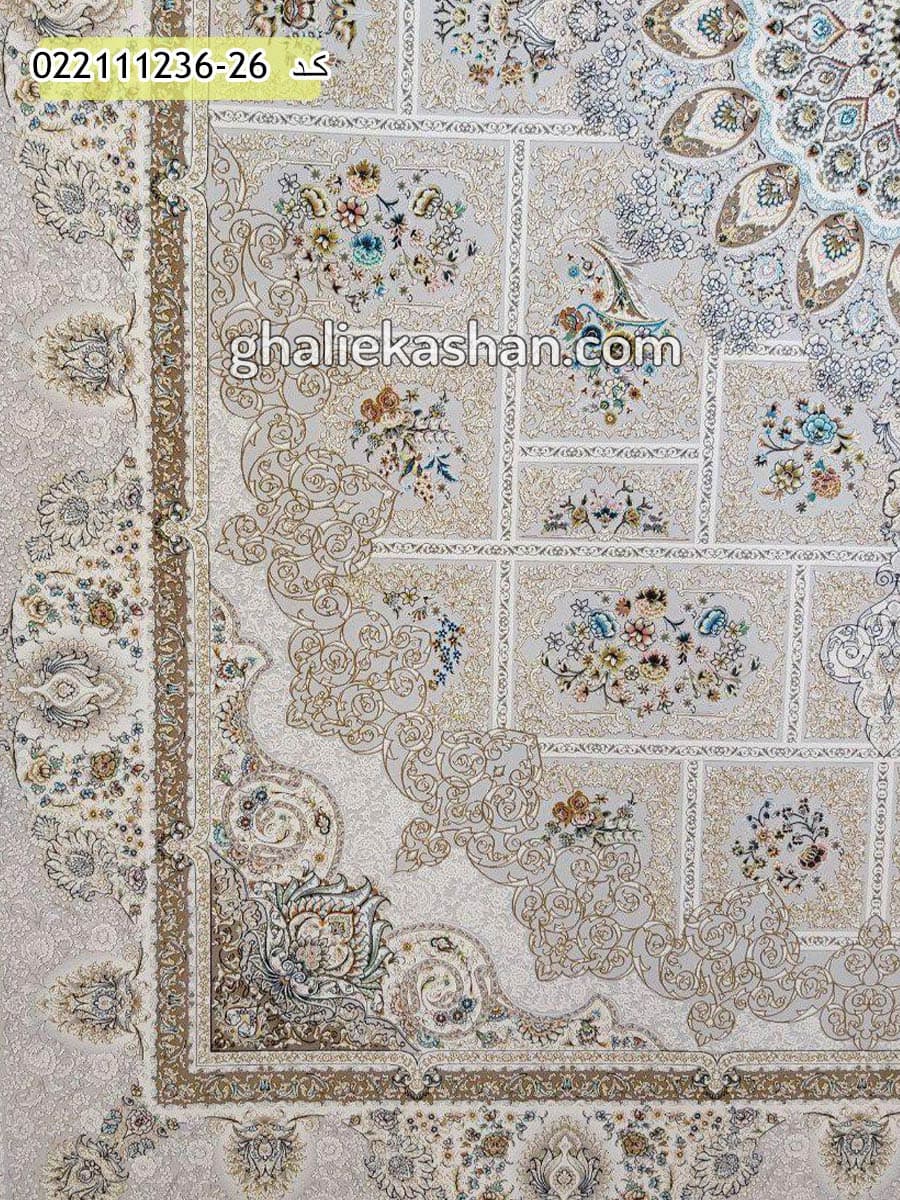 فرش 1200 شانه طرح خشتی زمینه نقره ای کاشان – گل برجسته — تصویر ۲