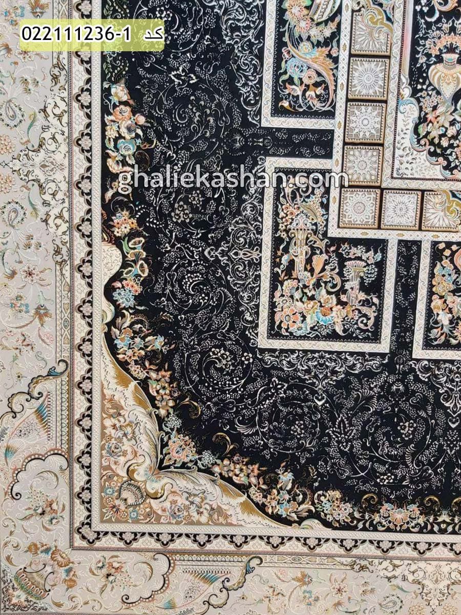 فرش 1200 شانه طرح آذین زمینه سرمه ای کاشان – گل برجسته — تصویر ۲