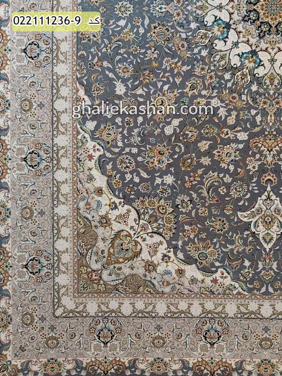 فرش 1200 شانه طرح اصیل زمینه ذغالی کاشان – گل برجسته — تصویر ۲