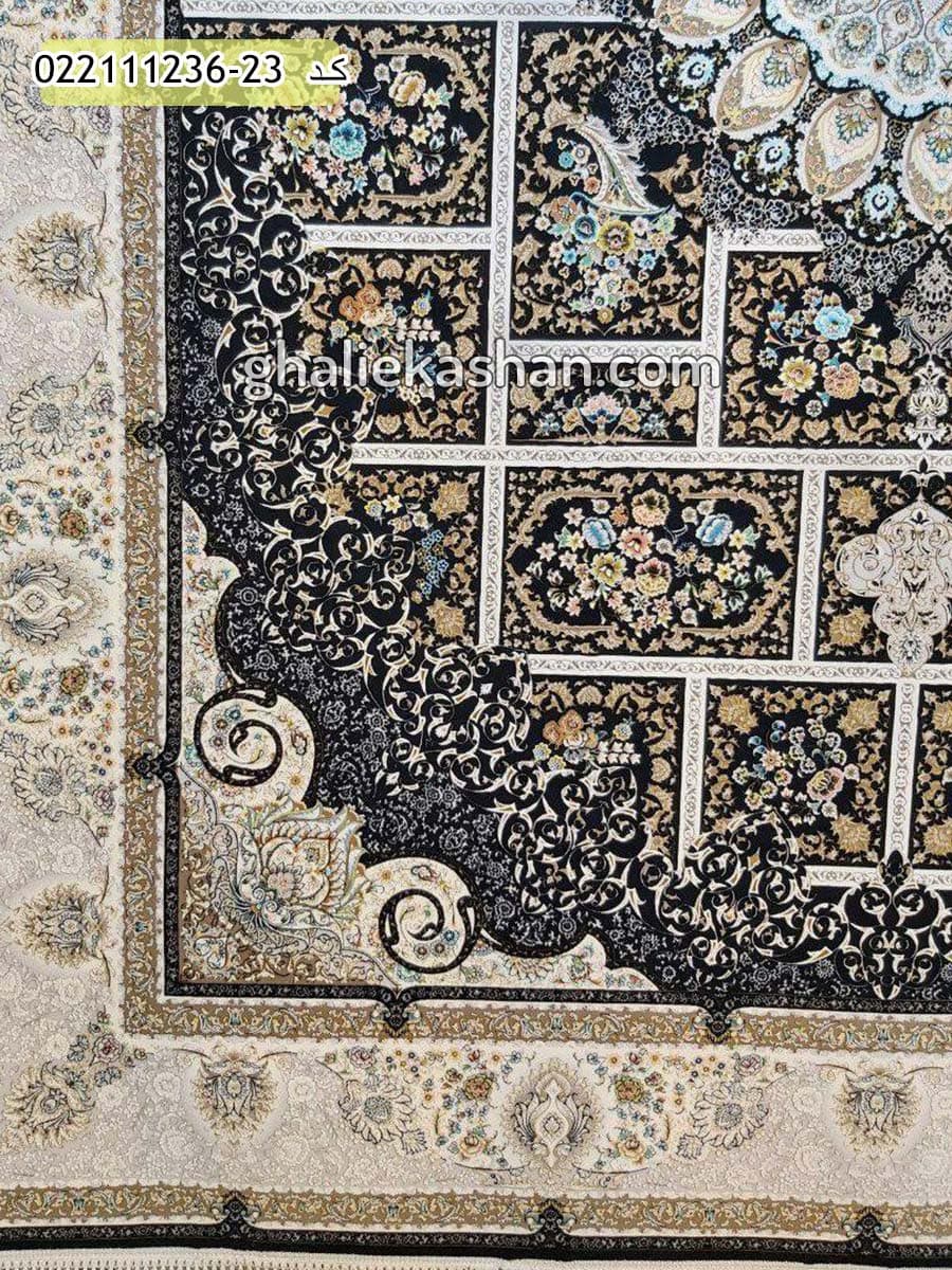 فرش 1200 شانه طرح خشتی زمینه سرمه ای کاشان – گل برجسته — تصویر ۳