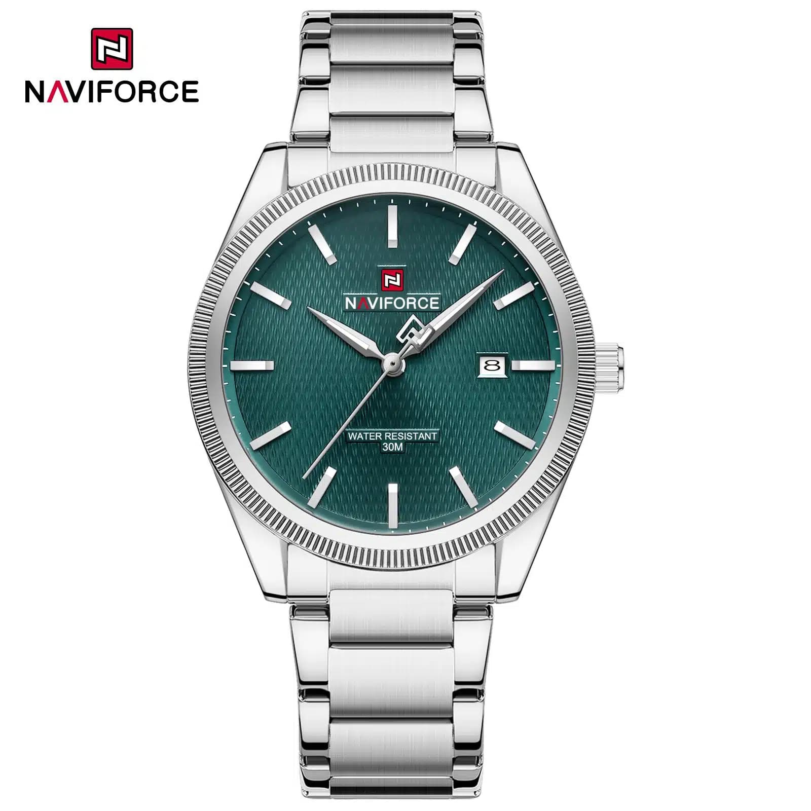 ساعت مچی مردانه Naviforce مدل NF9276 | بند استیل ضدزنگ، صفحه سبزآبی | رسمی و کلاسیک