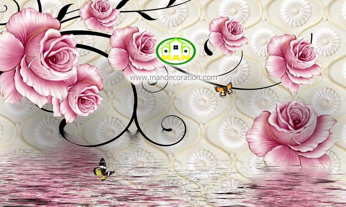 پوستردیواری آبرنگی گلهای صورتی پس زمینه کاشی طوسی کد 5132