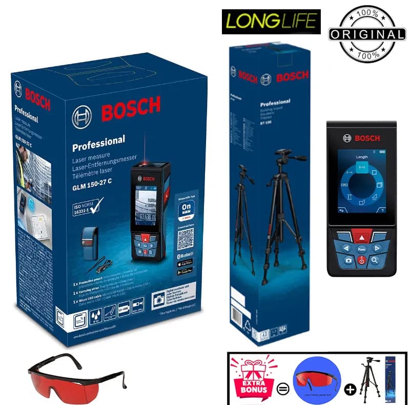 متر لیزری بوش مدل دوربین دار GLM 150-27C Professional + BT150 + Red Glass Laser برد 150 متر به همراه پایه — تصویر ۳
