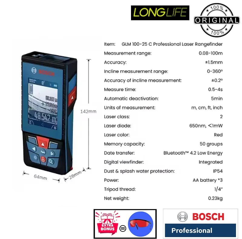 متر لیزری بوش مدل GLM 100-25 C + Extra Red Glass Professional — تصویر ۶