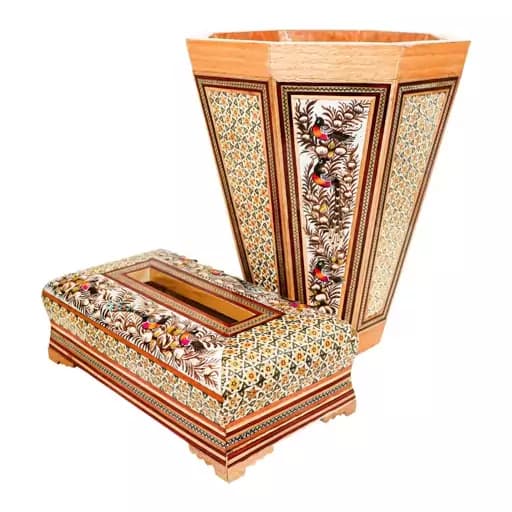 ست جا دستمالی و سطل زباله ممتاز خاتم کاری کامنا مدل 13145003
