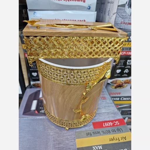 سطل زباله و جا دستمال کاغذی ست استیل طلایی وارداتی کامنا مدل 13144935
