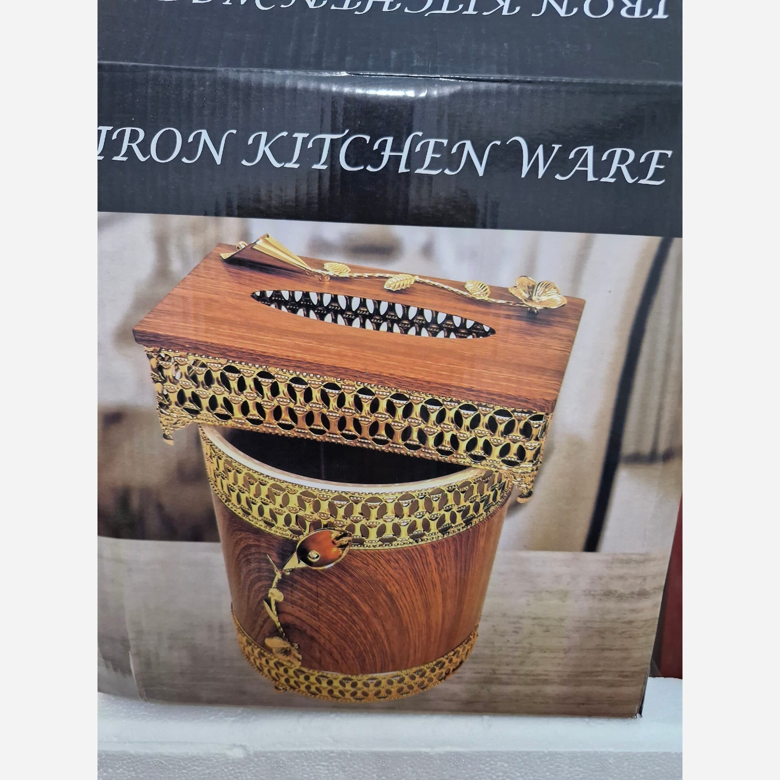 سطل زباله و جا دستمال کاغذی ست استیل طلایی وارداتی کامنا مدل 13144935 — تصویر ۲