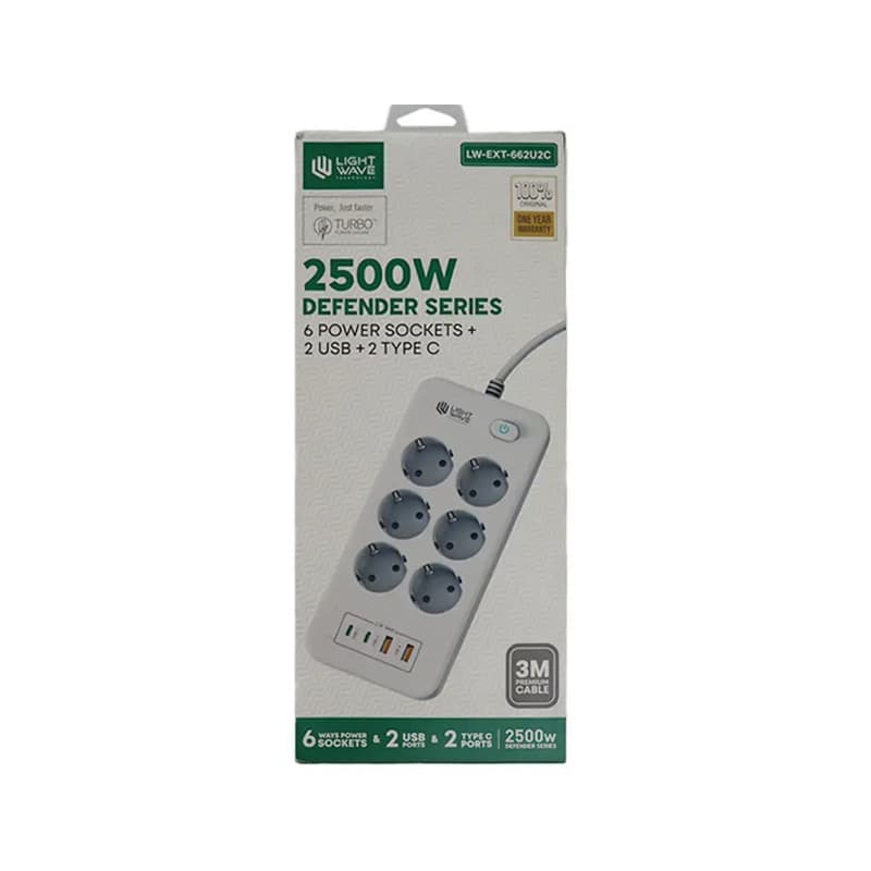 چندراهی برق 6 خانه + دو پورت USB + دو پورت تایپ سی لایت ویو LW-EXT-662U2C