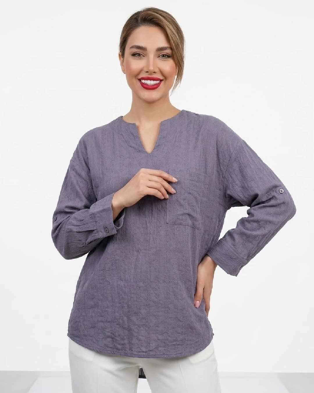 شومیز زنانه آستین بلند طرح‌دار رنگ خاکستری