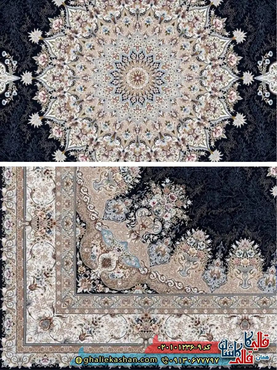 فرش 1200 شانه طرح پادشاه رنگ سرمه ای کاشان — تصویر ۳