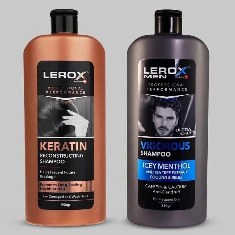 شامپو مو لروکس مدل کراتین حاوی کراتین هیدرولیز شده مناسب موهای شکننده و آسیب دیده، تقویت‌کننده و افزایش استحکام مو به همراه شامپو مو مردانه لروکس مدل Icey Menthol ضد شوره و تقویت‌کننده ریشه حجم 550 می
