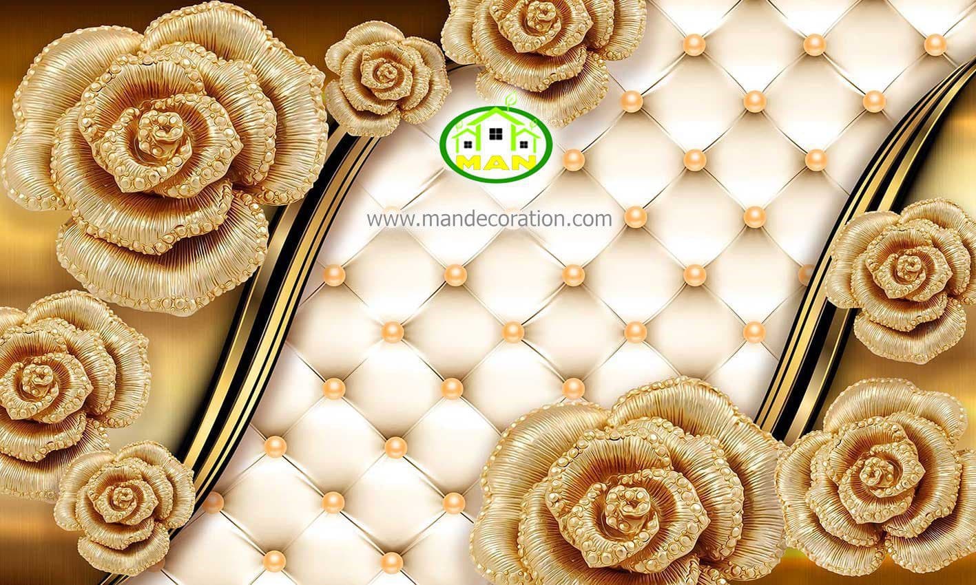 پوستردیواری گل طلایی سه بعدی با پس زمینه لمسه کد 12033