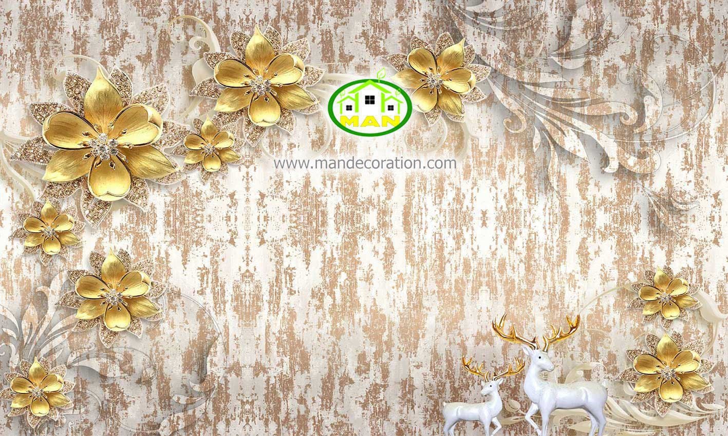 پوستردیواری گل طلایی سه بعدی با پس زمینه پتینه کد 5231