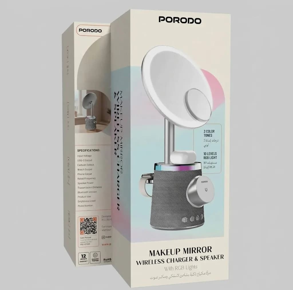 آینه آرایشی رینگ‌لایت‌دار پرودو مدل PDLFST220 با اسپیکر بلوتوثی و شارژ بی‌سیم چندگانه با ابعاد ۳۸۰ میلی متر — تصویر ۴