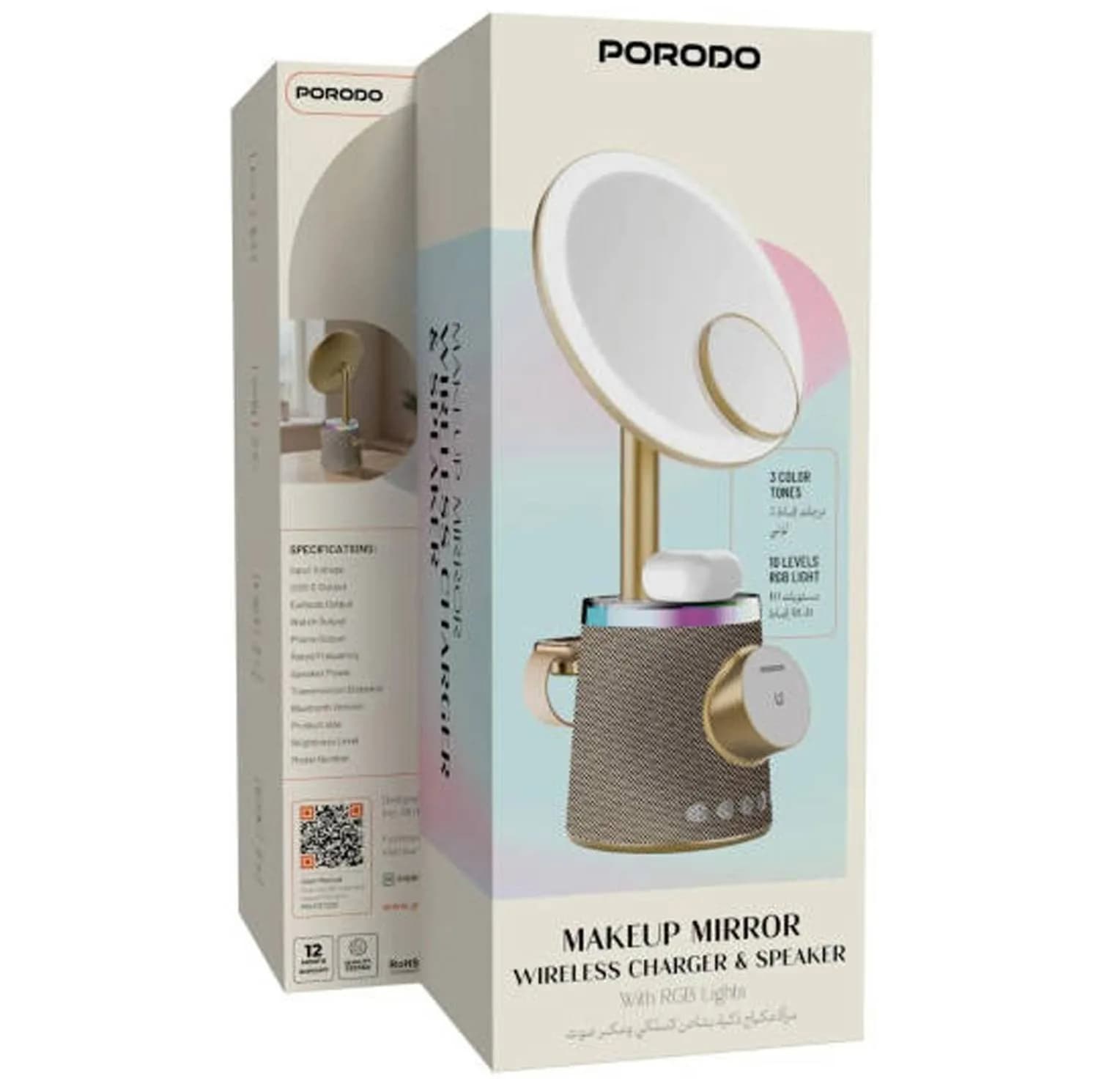آینه آرایشی رینگ‌لایت‌دار پرودو مدل PDLFST220 با اسپیکر بلوتوثی و شارژ بی‌سیم چندگانه با ابعاد ۳۸۰ میلی متر — تصویر ۵